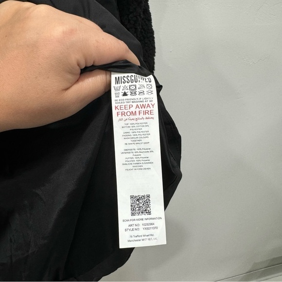 Missguided Tall Borg Mix Cinched Waist Puffer Jacket Black Teddy Size 4 - Picture 7 of 10